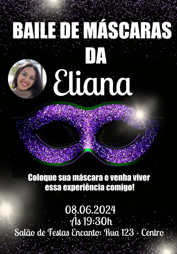 Convite Baile De Máscaras Com Foto Festivo – tema Datas Comemorativas glamouroso, festivo, elegante, moderno, misterioso, colorido