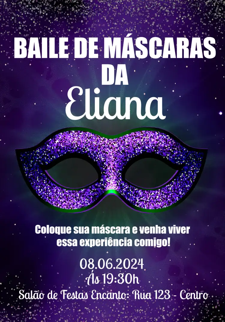 Convite Baile De Máscaras Comemoração – tema Datas Comemorativas preto e roxo, glitter, elegante, misterioso, carnaval, festivo
