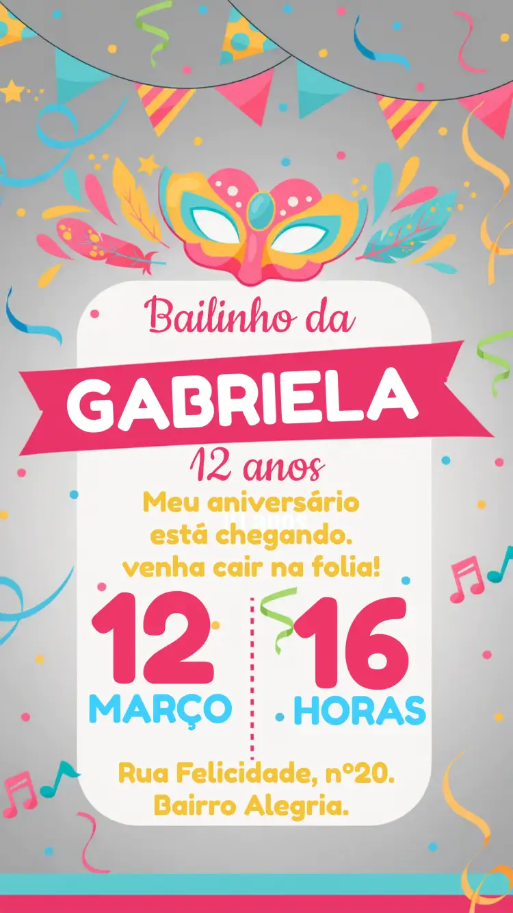 Convite Bailinho De Carnaval Amarelo – tema Datas Comemorativas colorido, festivo, vibrante, carnaval, divertido