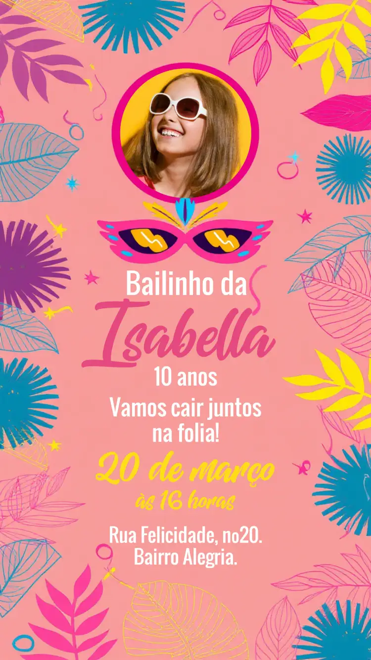 Convite Bailinho De Carnaval Com Foto Azul – tema Datas Comemorativas colorido, divertido, festivo, tropical, brincalhão, alegre