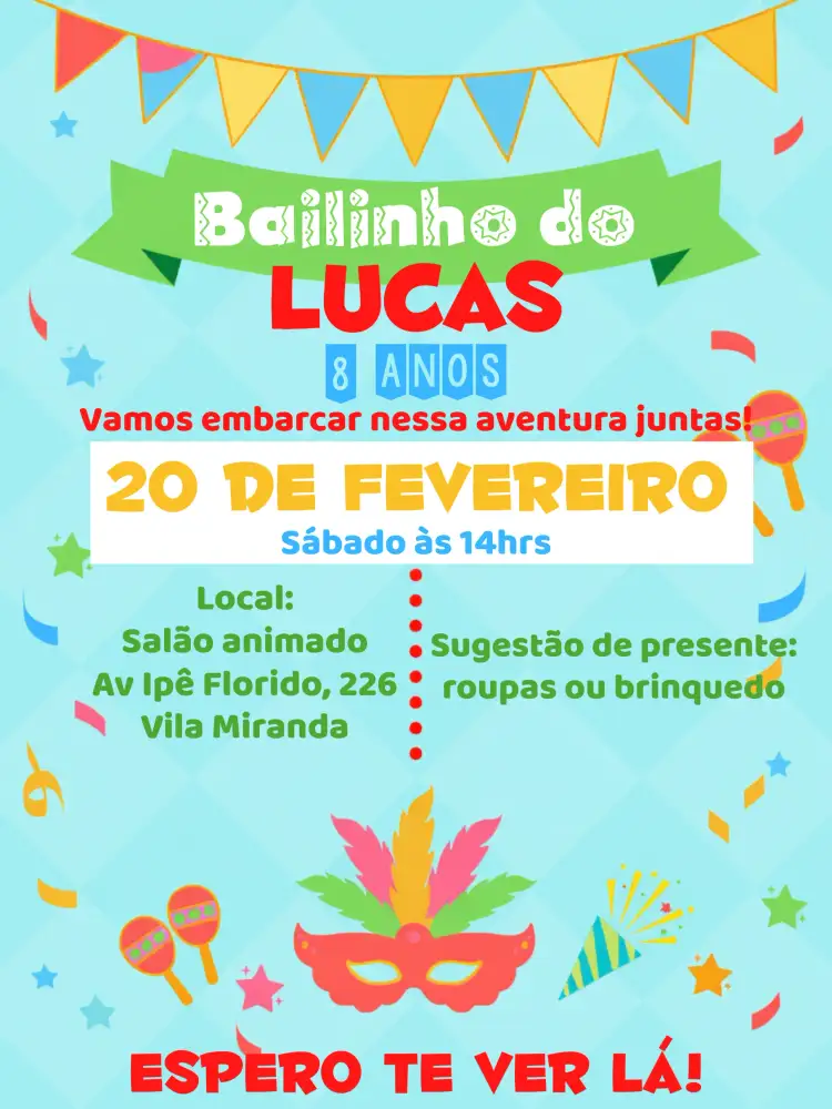 Convite Bailinho De Carnaval Máscaras – tema Datas Comemorativas colorido, festivo, temático, divertido, vibrante