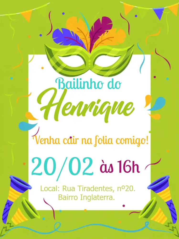 Convite Bailinho De Carnaval Serpentina – tema Datas Comemorativas colorido, festivo, alegre, tropical, vibrante