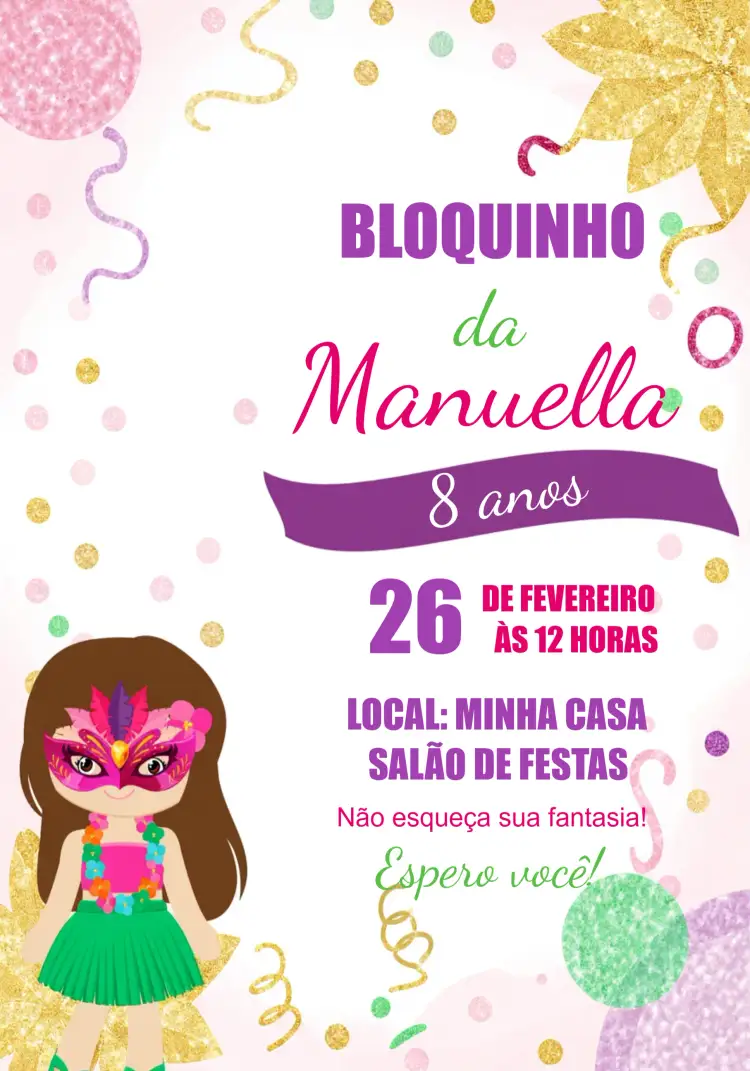 Convite Bailinho De Carnaval Serpentina – tema Datas Comemorativas colorido, divertido, festivo, brilhoso, temático, alegre