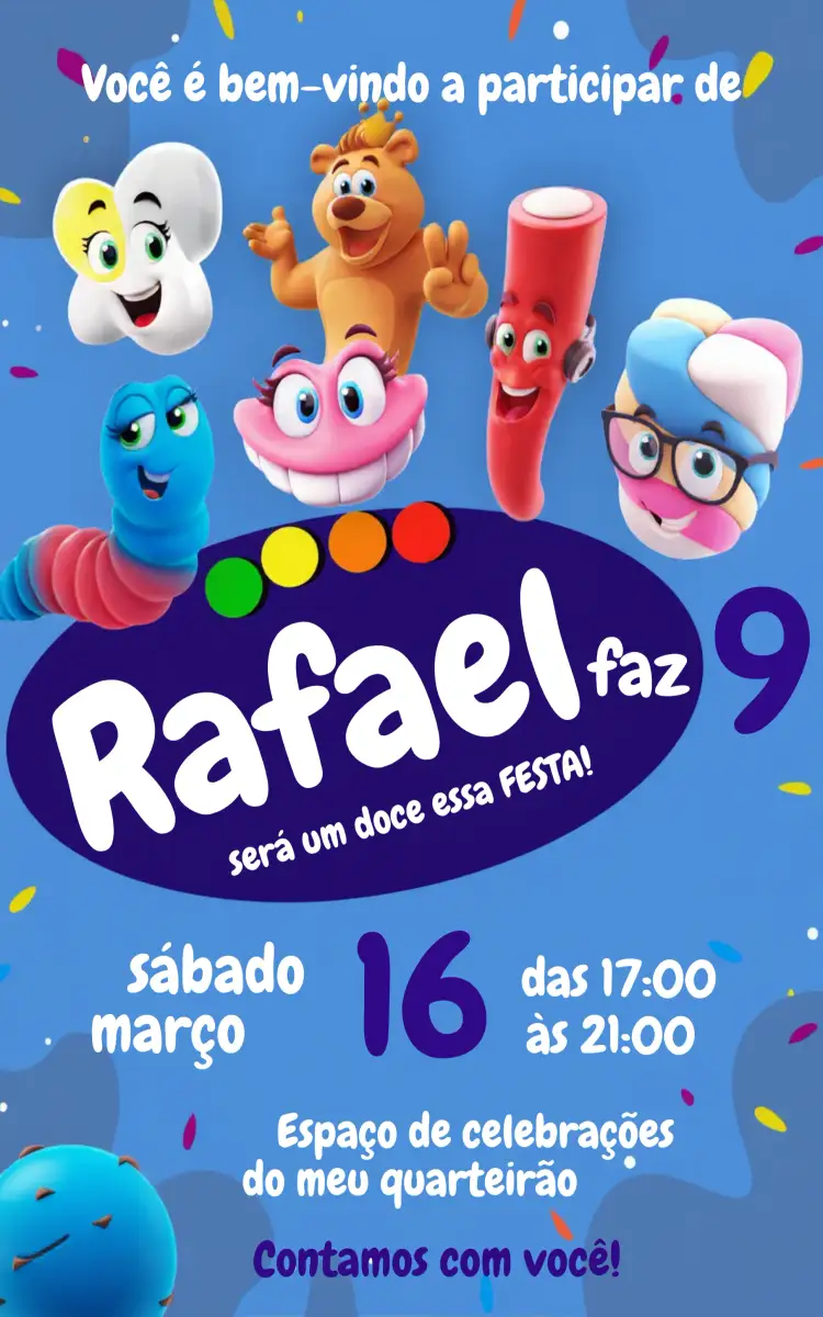 Convite Bala Fini Dentadura – tema Aniversário Infantil divertido, colorido, lúdico, infantil, azul, temática de doces
