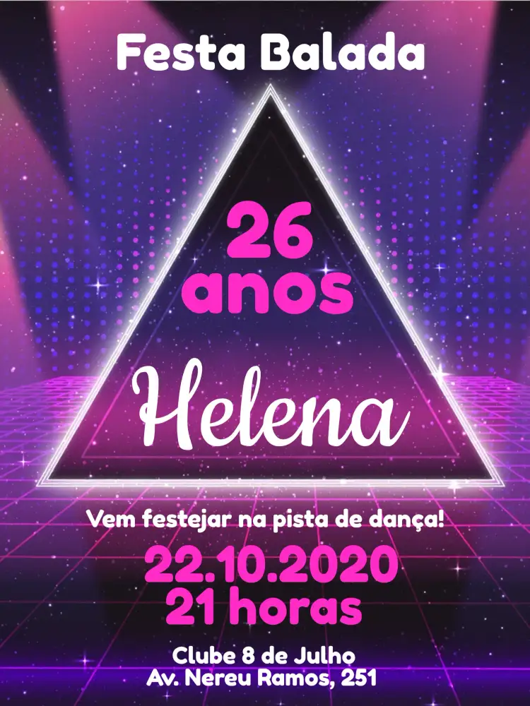 Convite Balada Adulto Roxo – tema Aniversário neon, moderno, vibrante, jovem, festivo, colorido