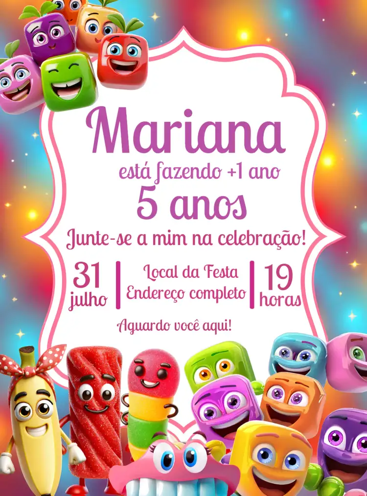 Convite Balas Fini Doces – tema Aniversário Infantil colorido, divertido, infantil, guloseimas, moderno