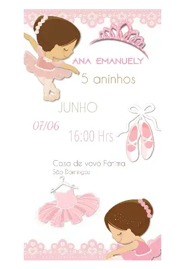 Convite Balharina – tema Cartão delicado, elegante, infantil, dança, cores suaves, temática de balé