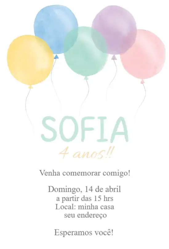 Convite Balões 1 – tema Aniversário minimalista, tons pastel, aquarela, moderno, divertido