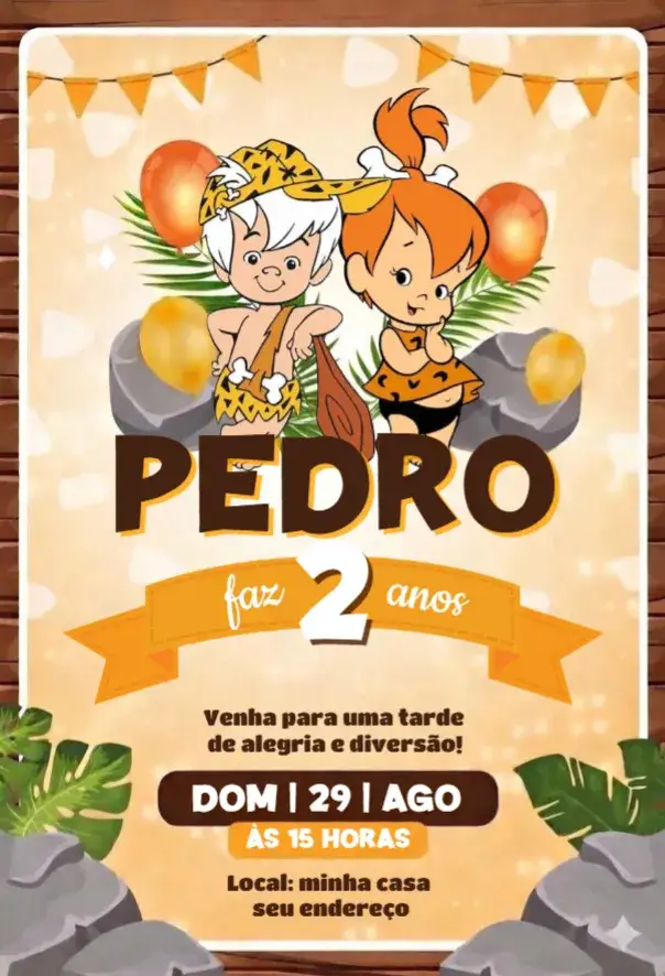 Convite Bambam e Pedrita – tema Aniversário colorido, divertido, temático, vintage, nostálgico