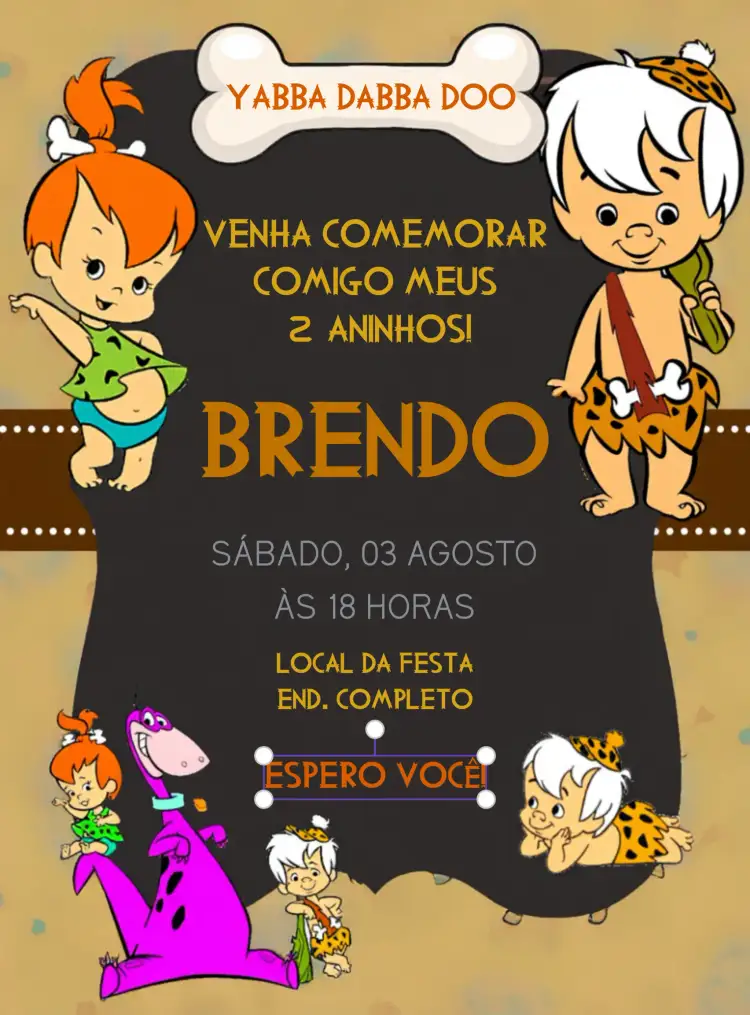 Convite Bambam E Pedrita Flinstones – tema Aniversário Infantil colorido, divertido, pré-histórico, vintage, ilustrações animadas, temática familiar