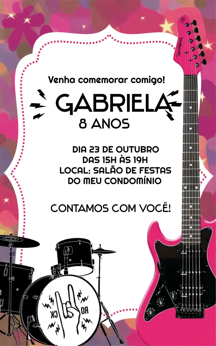 Convite Banda De Rock Meninas Instrumentos – tema Mais pesquisados vibrante, moderno, musical, colorido, rock n roll, divertido