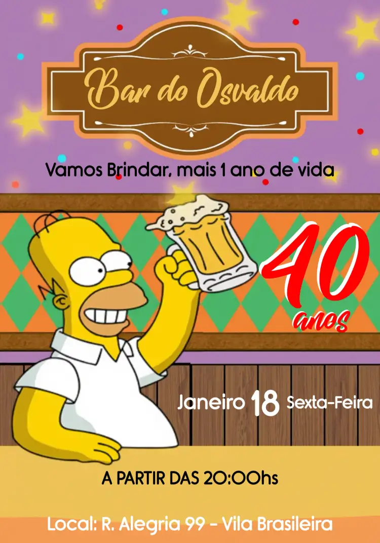 Convite Bar Homer Moe Do – tema Aniversário vibrante, descontraído, temático, pop art, boteco, moderno
