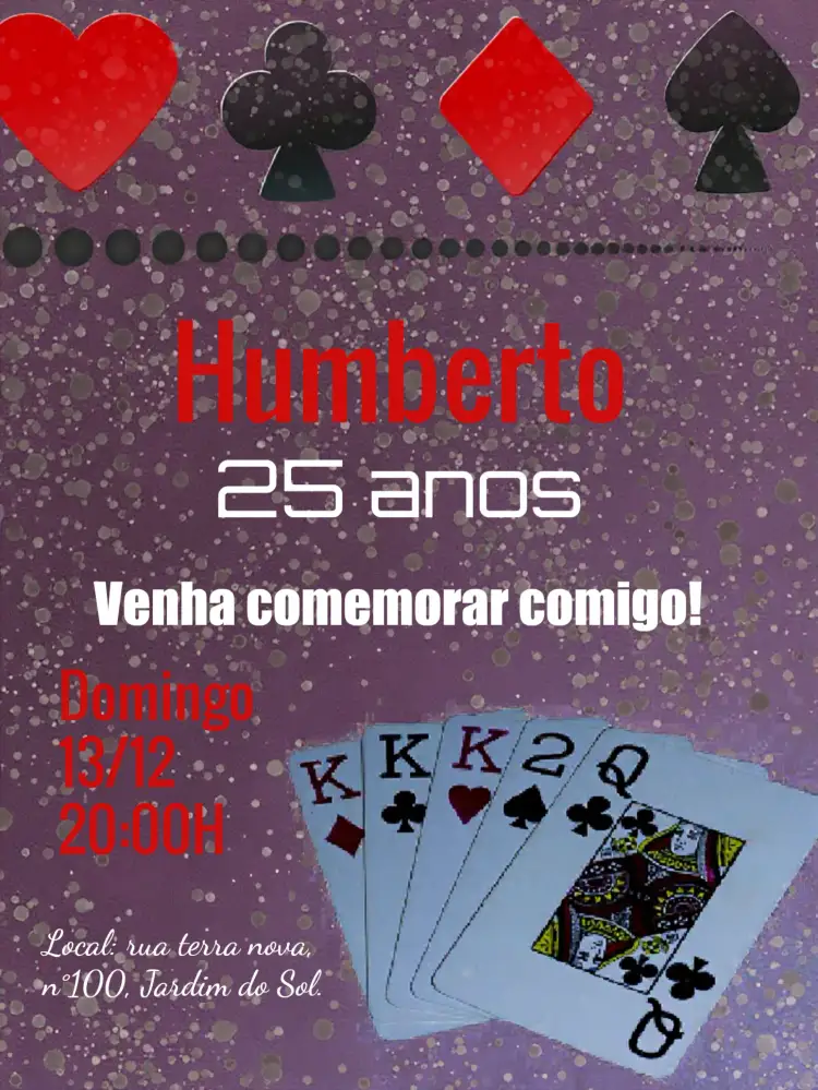 Convite Baralho Poker – tema Aniversário cassino, jogos de cartas, moderno, vibrante, temático