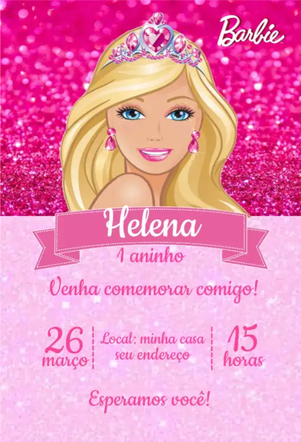 Convite Barbie 1 – tema Aniversário rosa, glitter, infantil, brilhante, temática, divertido