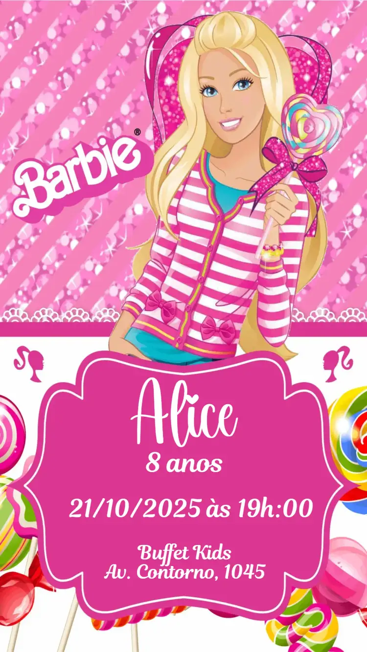 Convite Barbie – tema Aniversário candy, colorido, infantil, divertido, feminino