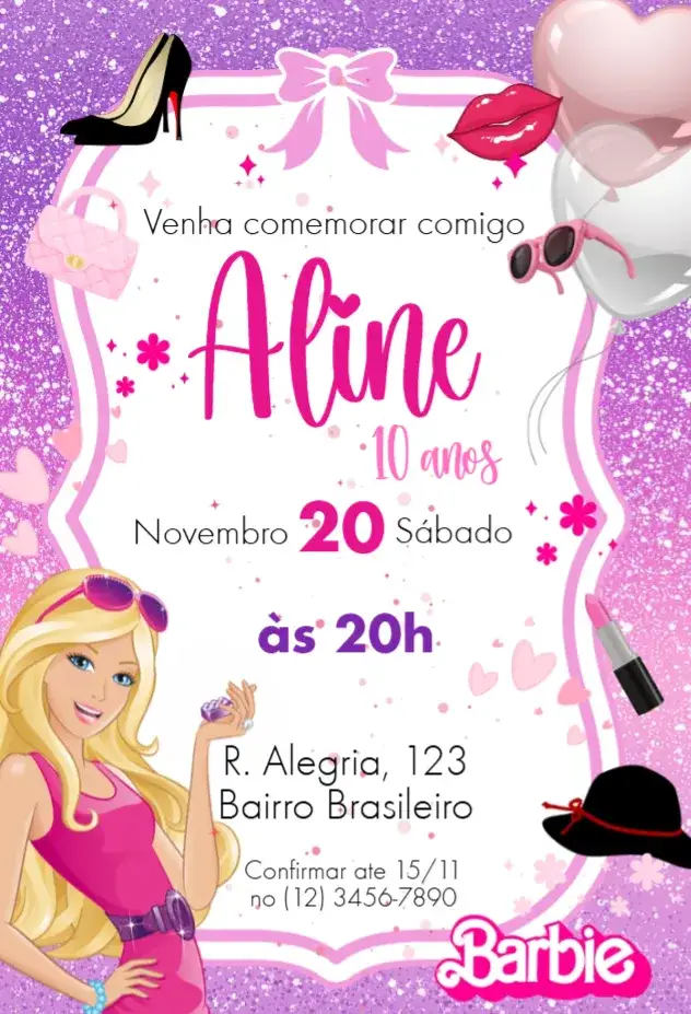 Convite Barbie – tema Aniversário Infantil rosa, brilhoso, temático, divertido, colorido, feminino