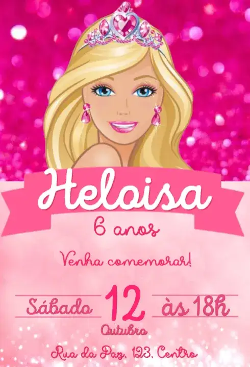 Convite barbie – tema Mais pesquisados rosa, glitter, infantil, moderno, colorido, divertido