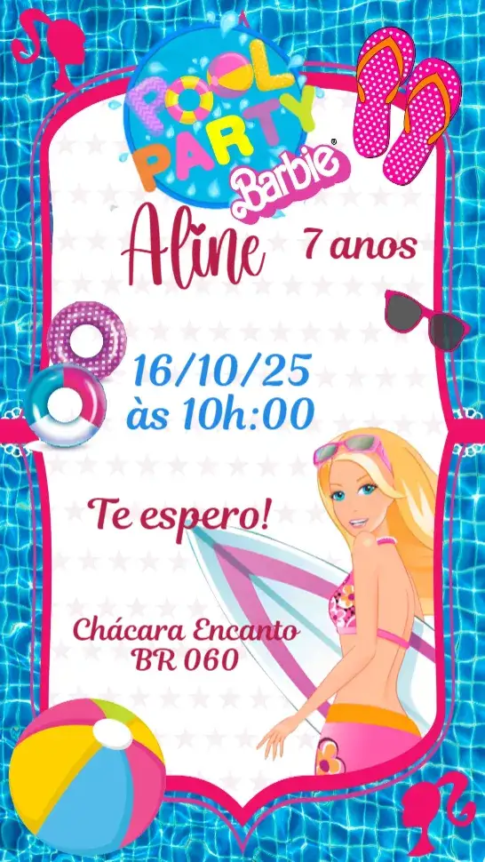 Convite Barbie – tema Aniversário Infantil colorido, divertido, temático, infantil, vibrante