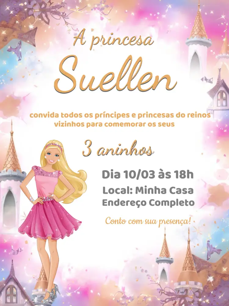 Convite Barbie Castelo – tema Aniversário rosa, branco, princesa, castelo, brilhos, festa infantil