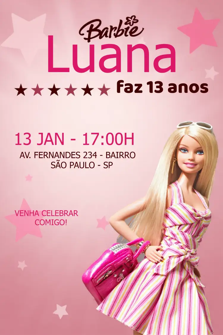 Convite Barbie Bodas – tema 15 anos colorido, temático, infantil, brilhante, divertido, moderno