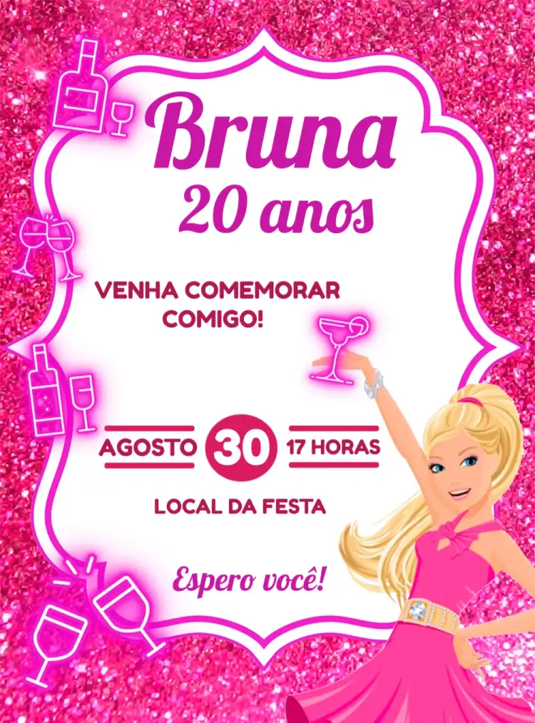 Convite Barbie Cachaceira Drinks – tema Aniversário rosa, glitter, moderno, divertido, temático, brilhante