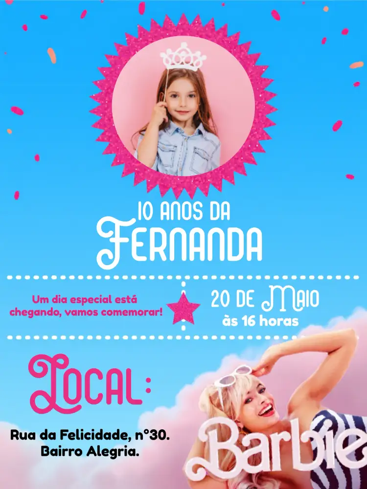 Convite Barbie Com Foto Brilho – tema Datas Comemorativas brilhante, colorido, feminino, divertido, moderno, inspirado em filmes