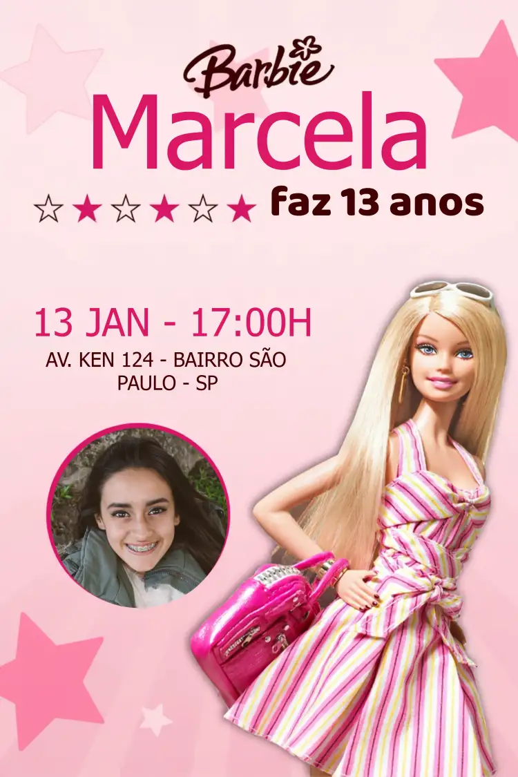 Convite Barbie Com Foto Colorido – tema 15 anos colorido, lúdico, moderno, temático, divertido