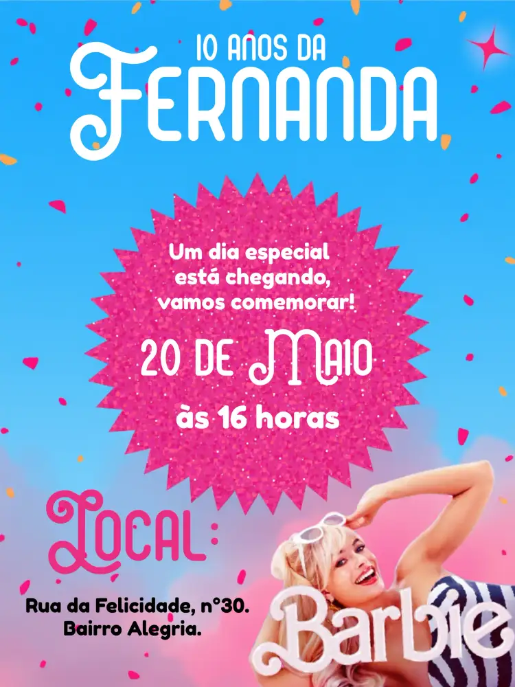 Convite Barbie Com Foto Filme – tema Datas Comemorativas rosa, azul, brilho, tema de filme, divertido, infantil