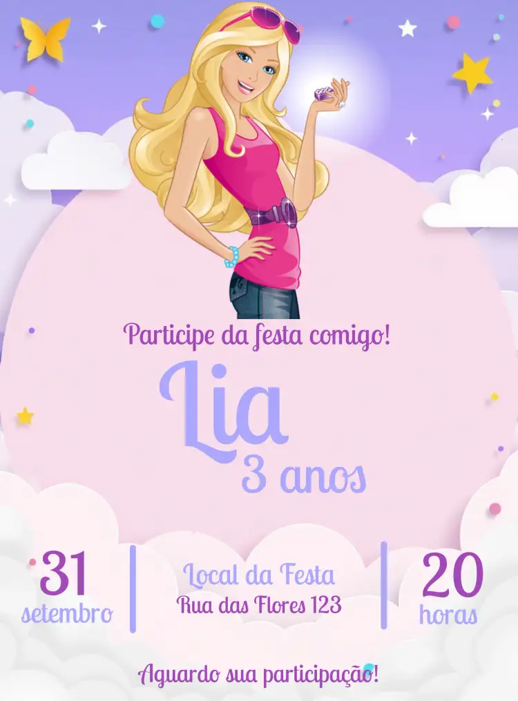 Convite Barbie Cor De Rosa Lilás – tema Aniversário Infantil rosa, lilás, divertido, colorido, infantil, feminino