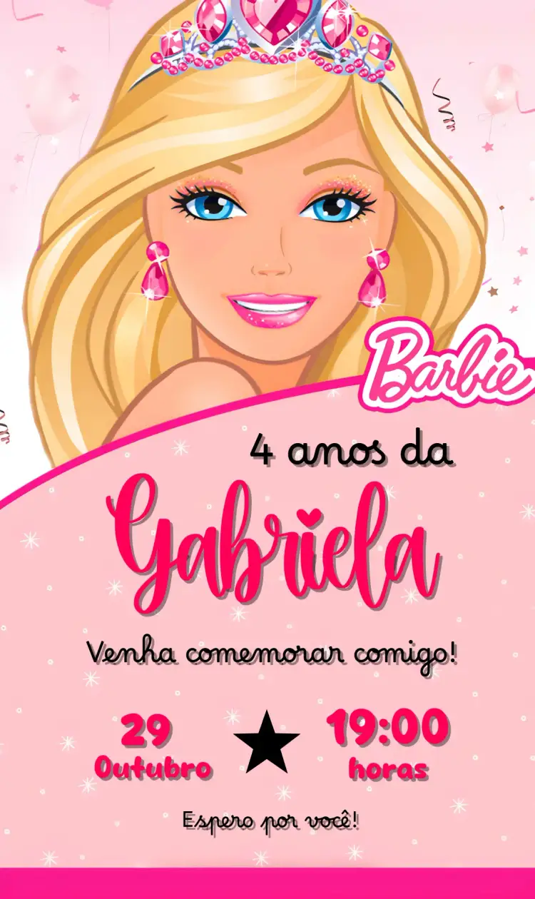 Convite Barbie – tema Aniversário Infantil rosa, brilho, fantasia, moderno, divertido