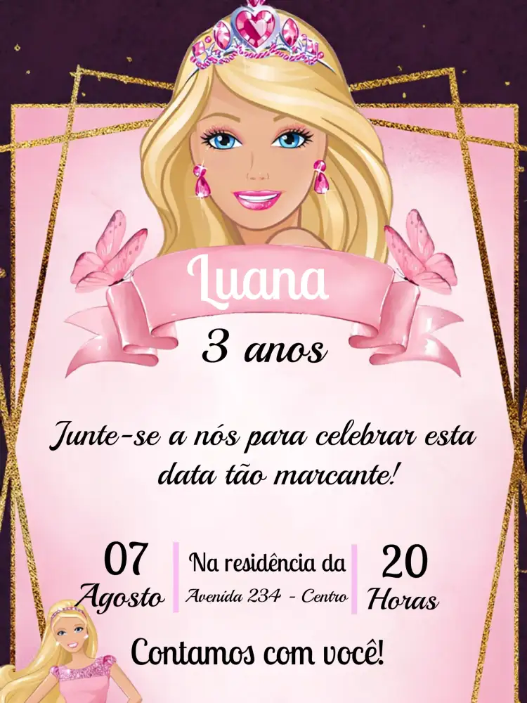 Convite Barbie Delicado – tema Mais pesquisados rosa, delicado, princesa, dourado, glitter, moderno