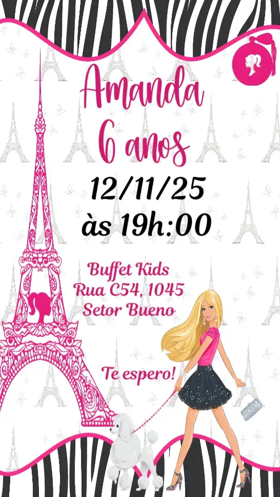 Convite Barbie em Paris – tema Aniversário Infantil cores pastel, estilo elegante, elementos gráficos de Paris, tema fashion, divertido e lúdico, toque romântico