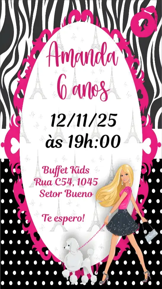 Convite Barbie em Paris – tema Aniversário Infantil cores pastel, estilo moderno, elementos gráficos de Paris, floral, vibrante, divertido