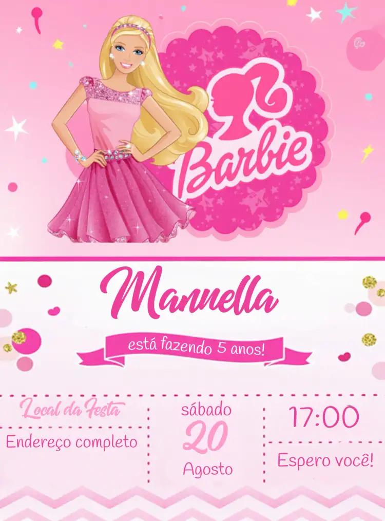Convite Barbie Festa – tema Mais pesquisados rosa, branco, divertido, infantil, moderninho
