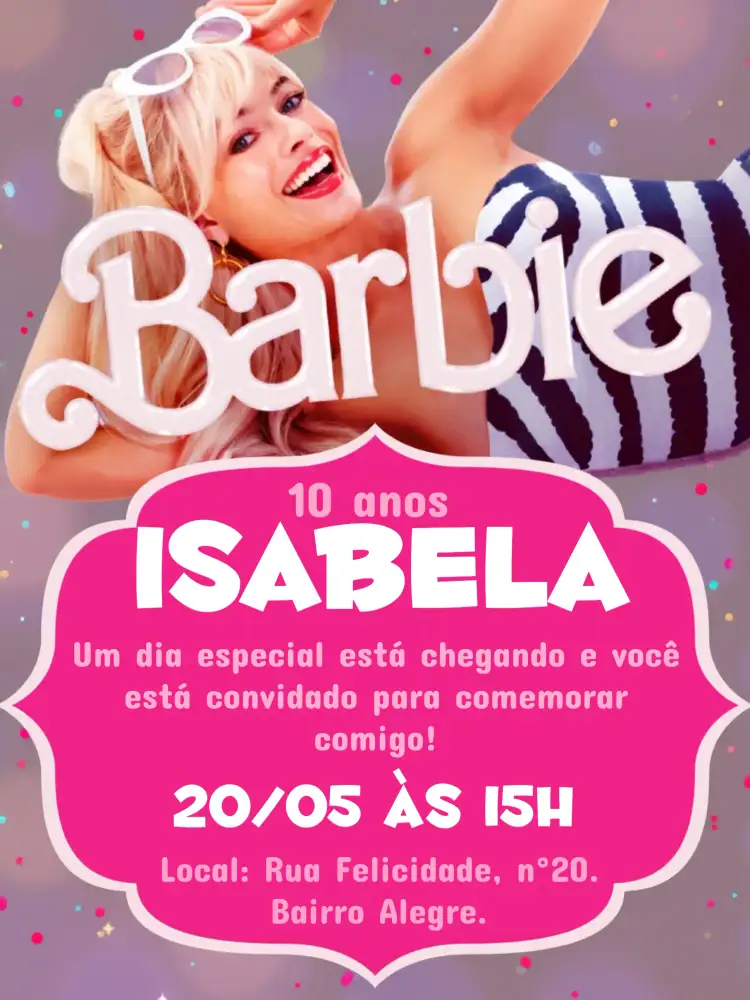Convite Barbie Filme – tema Datas Comemorativas rosa, moderno, divertido, brilhante, infantil, temático