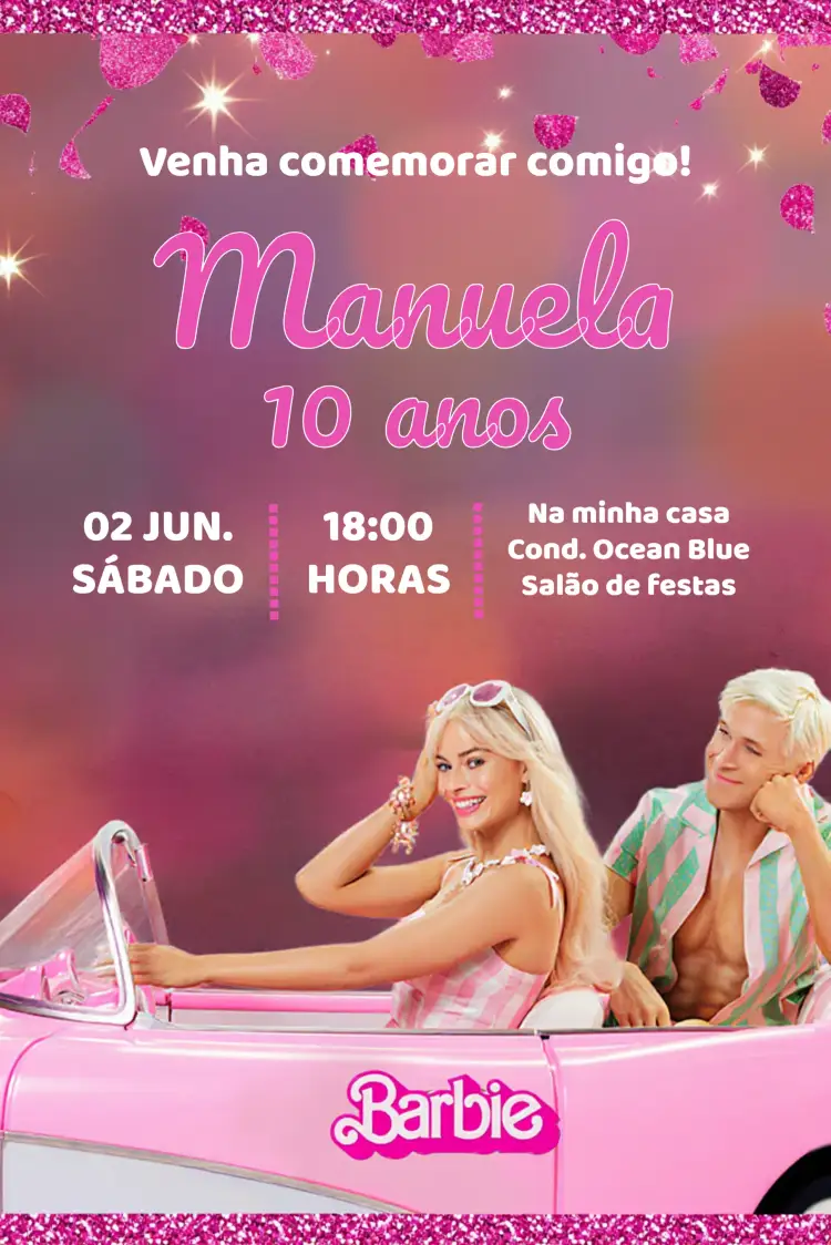 Convite Barbie Filme Novo – tema Datas Comemorativas rosa, azul, branco, moderno, divertido, infantil