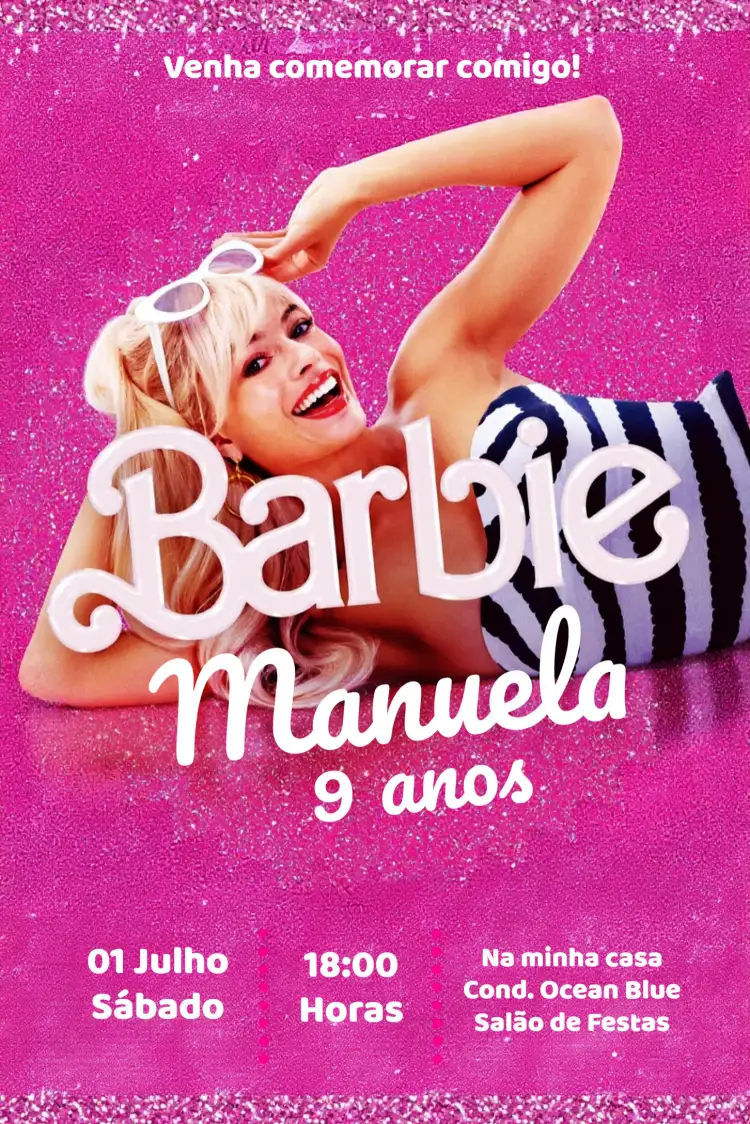 Convite Barbie Filme Novo – tema Datas Comemorativas pink, azul, vibrante, divertido, temático, encantador