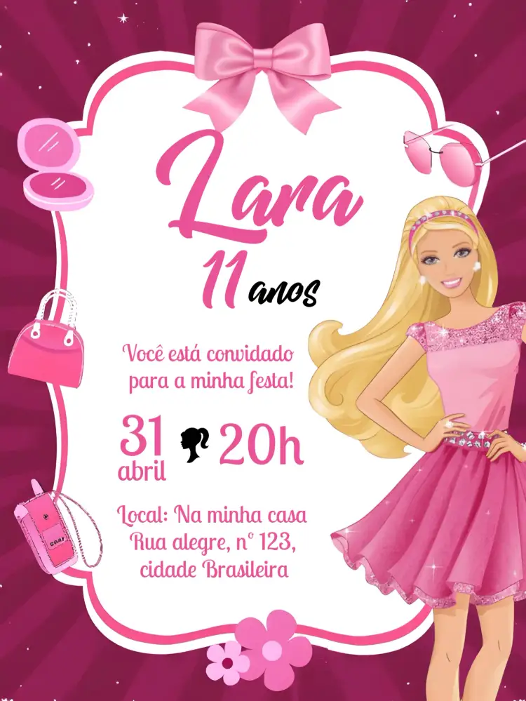 Convite Barbie Frame – tema Mais pesquisados rosa, preto, divertido, temático, moderno, elegante
