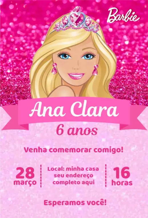 Convite Barbie Glitter – tema Aniversário Infantil rosa, brilho, cintilante, divertido, infantil, temático