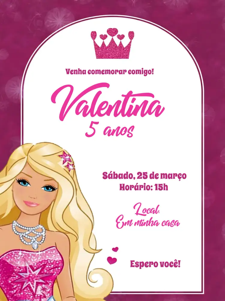 Convite Barbie Glitter – tema Mais pesquisados rosa, brilhante, divertido, infantil, moderno, temático