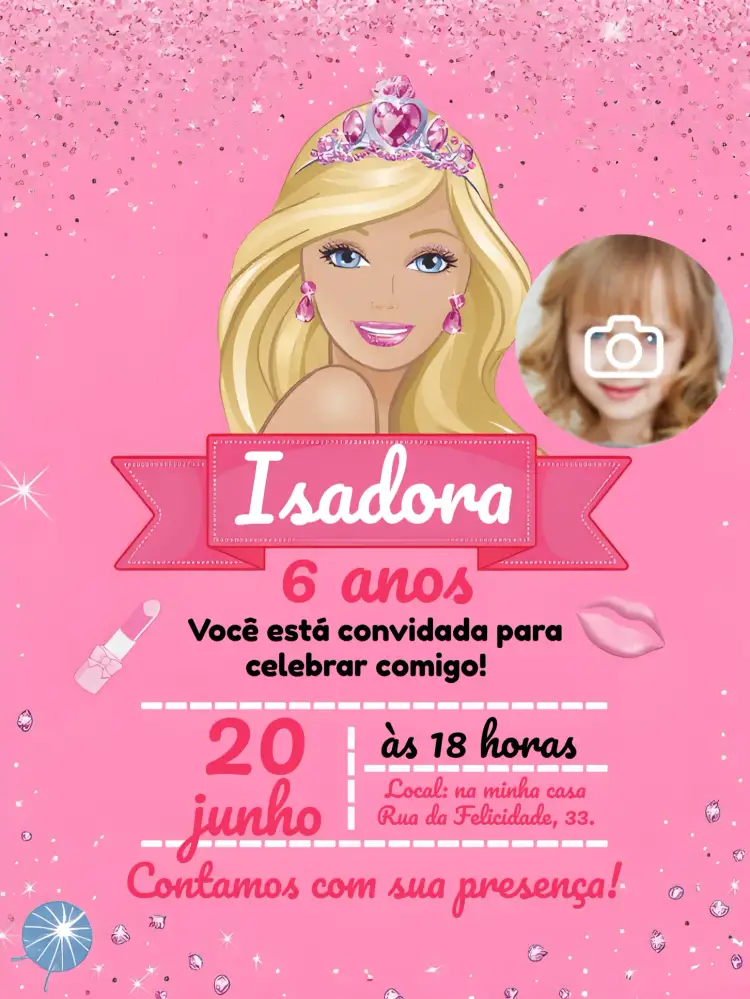Convite Barbie Glitter Com Foto Menina – tema Mais pesquisados rosa, brilhante, infantil, divertido, moderno