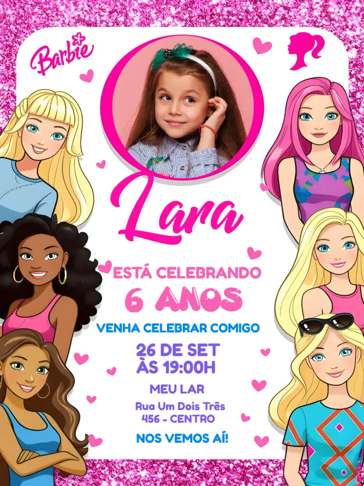 Convite Barbie Glitter Com Foto Menina