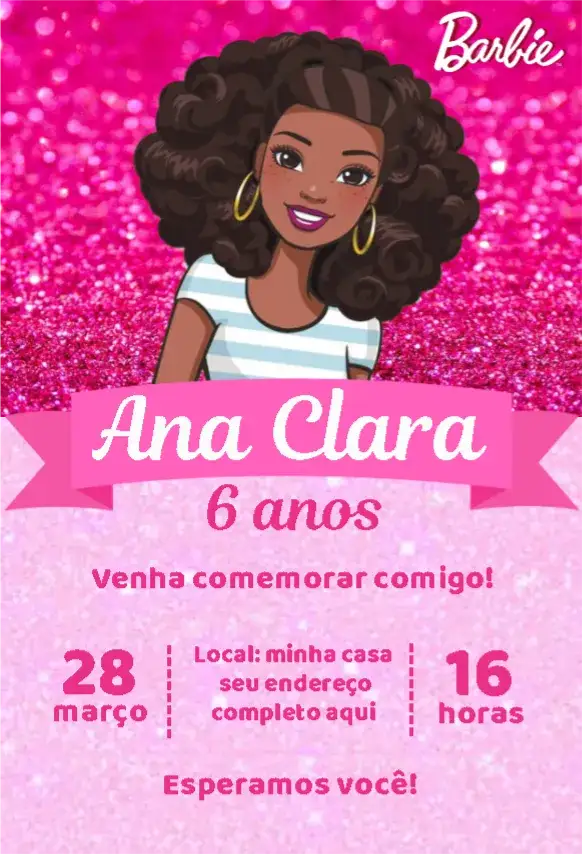 Convite Barbie Negra 1 – tema Aniversário Infantil brilho, rosa, preto, moderno, diversidade