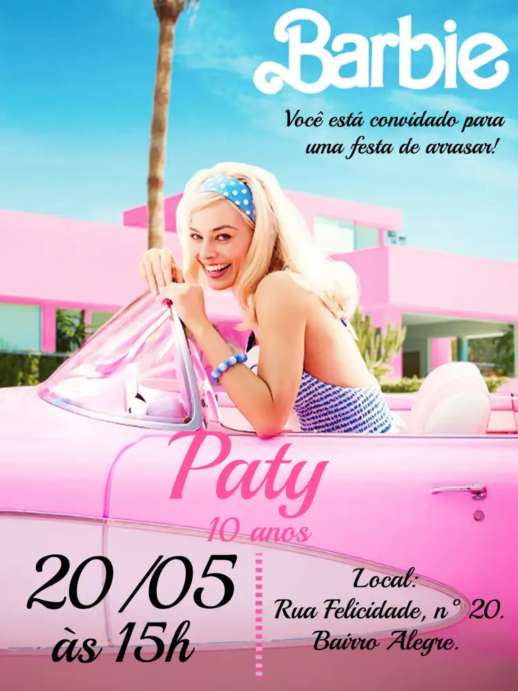 Convite Barbie Nova – tema Datas Comemorativas rosa, divertido, colorido, infantil, temático, moderno