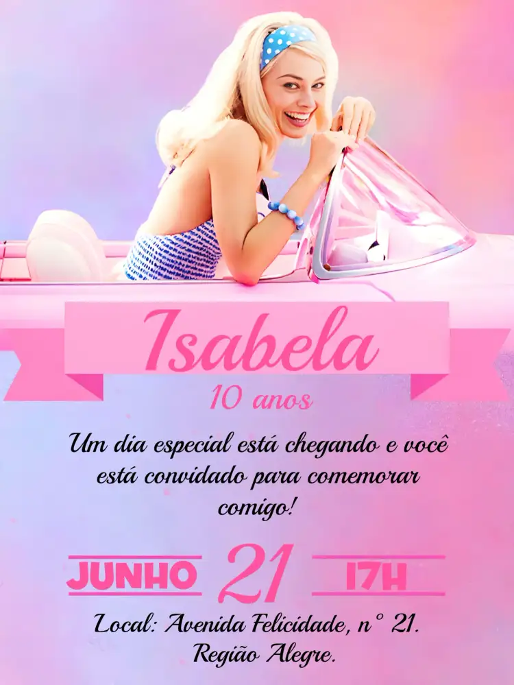 Convite Barbie Novo – tema Datas Comemorativas rosa, moderno, lúdico, temático, brilhante