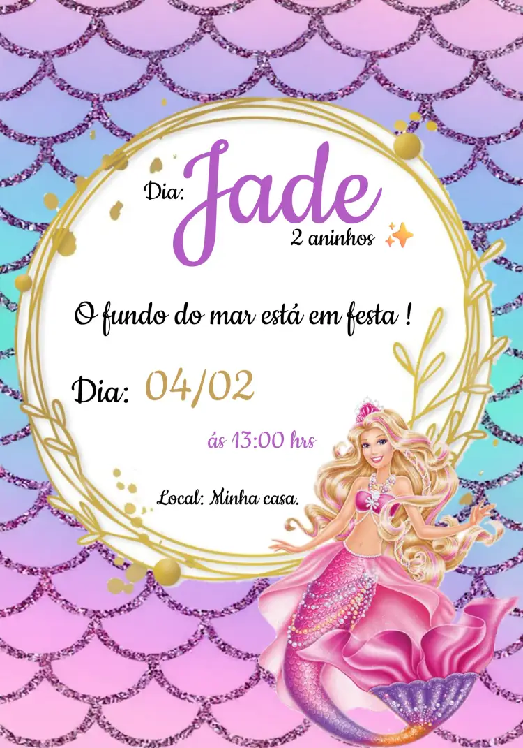 Convite Barbie Sereia Glitter – tema Mais pesquisados brilho, colorido, fantasia, marinho, mágico