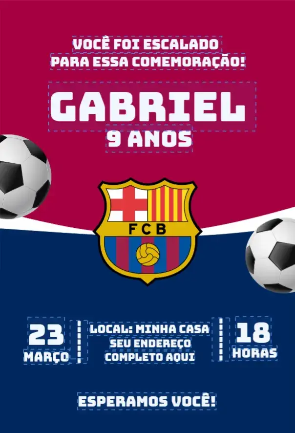 Convite Barcelona 1 – tema Aniversário futebol, moderno, colorido, esportivo, dinâmico, temático