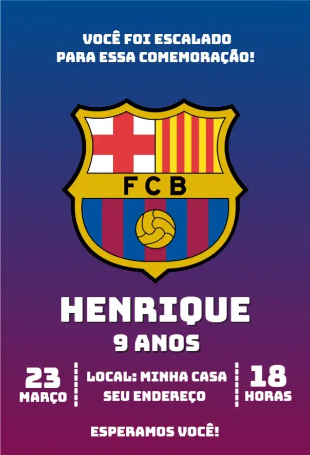 Convite Barcelona 2 – tema Aniversário futebol, moderno, colorido, divertido, esportivo