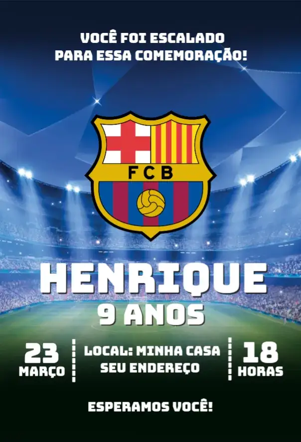 Convite Barcelona 5 – tema Aniversário futebol, esporte