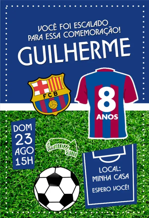Convite Barcelona camisa – tema 15 anos futebol, moderno, vibrante, temático, esportivo, colorido